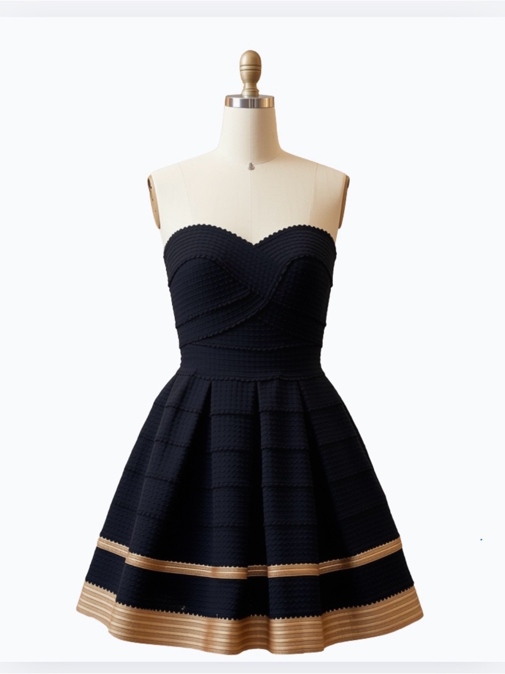 Alythea Strapless Black & Gold Fit-and-Flare Dress, Bandage Tapestry Embroidered